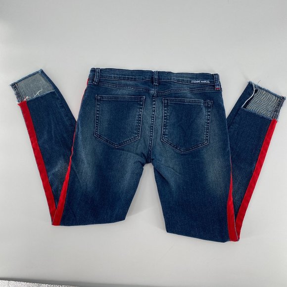 Etienne Marcel Tammy Side Stripe Skinny Double Red Ribbon High Low Raw Hem Jeans - Picture 6 of 16